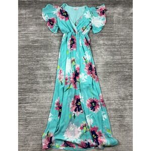 P.S. Love Dress Womens Small Blue Green Floral Ruffle Short Sleeve Polyester